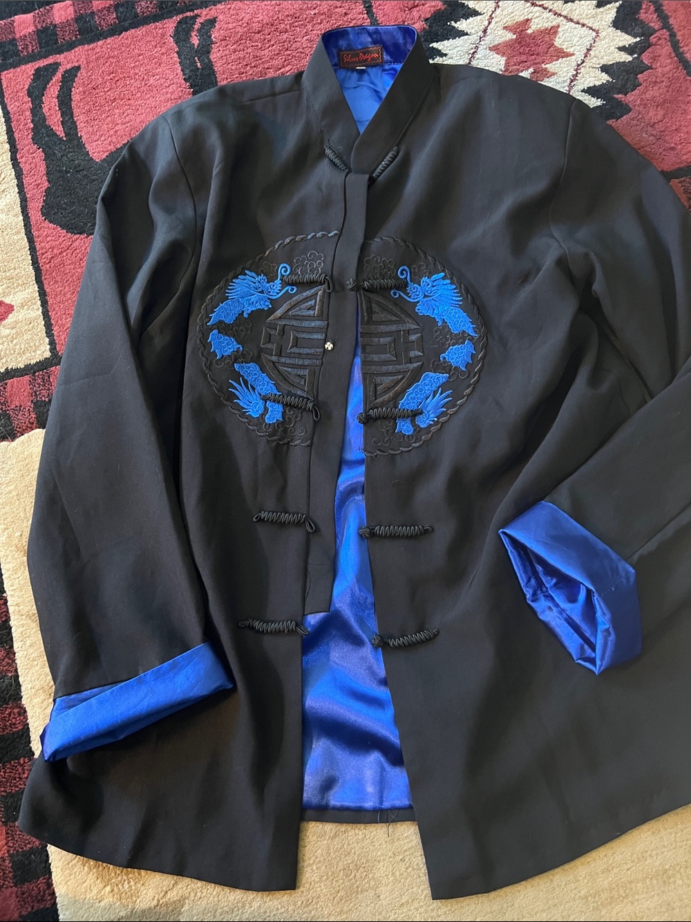Vintage Mid-Century Silver Dragon Embroidered Satin Lounge Jacket